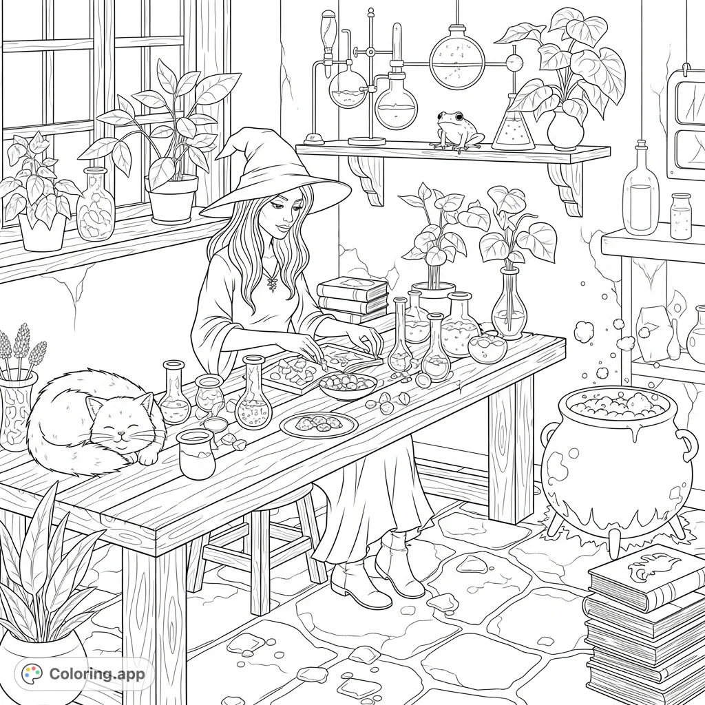 Step into a magical witch's workshop. A beautiful witch, a bubbling cauldron, a sleepy cat, and a watchful frog fill this detailed scene.