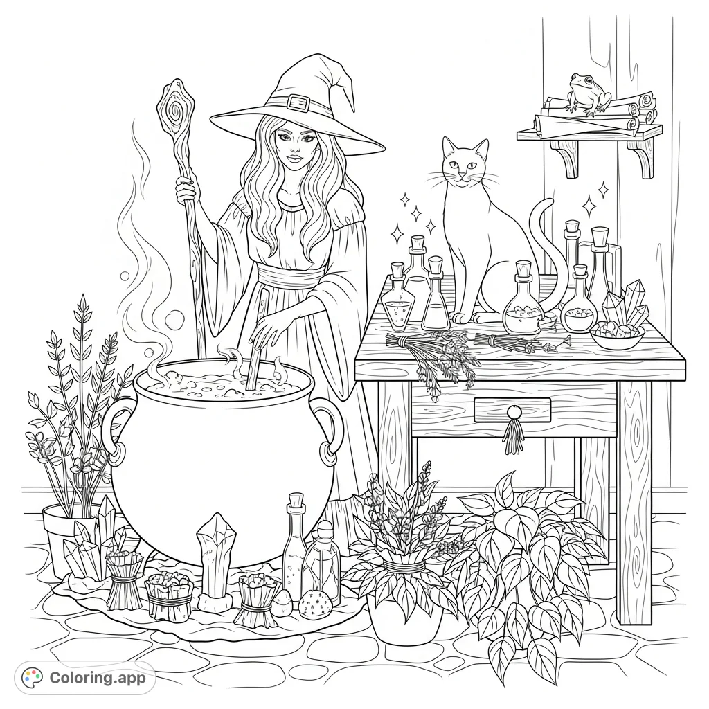 Step into a mystical workshop! A graceful witch stirs a steaming cauldron surrounded by potion bottles, crystals, and a watchful cat.