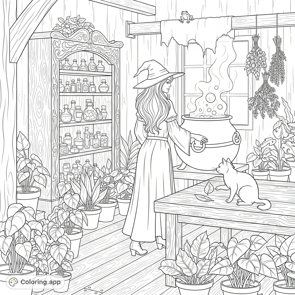Step into a witch's mystical workshop. A witch gazes into a shimmering cauldron amidst potion bottles, dried herbs, a playful cat, and rustic details.