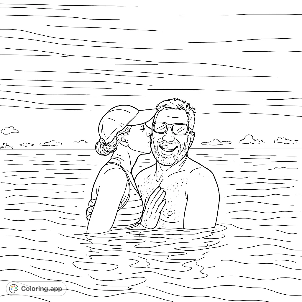 Capture a loving moment with this couple's embrace in serene water. A perfect romantic escape to color, featuring a smiling duo on a sunny day.