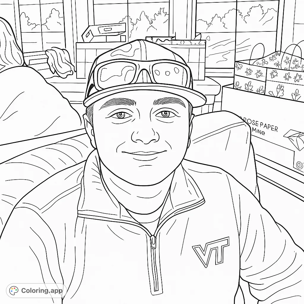 A friendly young man in a camouflage hat and textured jacket, seated amidst wrapped gifts, offering a detailed portrait for creative coloring.