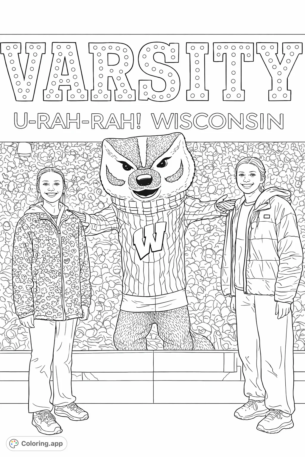 Two smiling friends pose with a friendly badger mascot against a stadium crowd and large 'VARSITY' sign. A spirited scene perfect for fans of all ages to color.