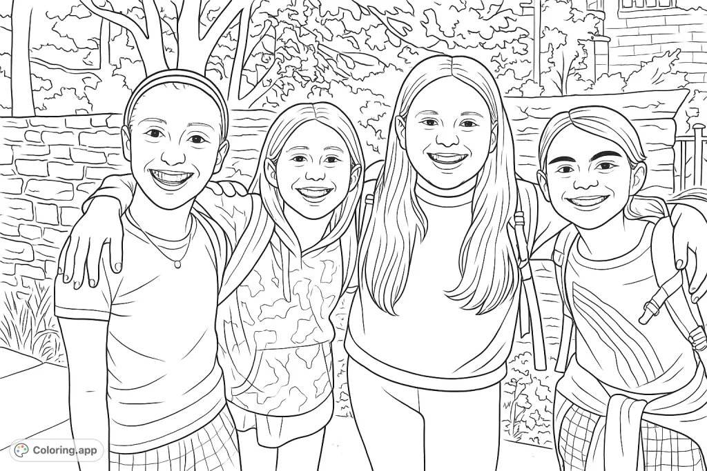 Capture the joy of friendship with this scene of four smiling individuals. Perfect for young artists to personalize their bond.