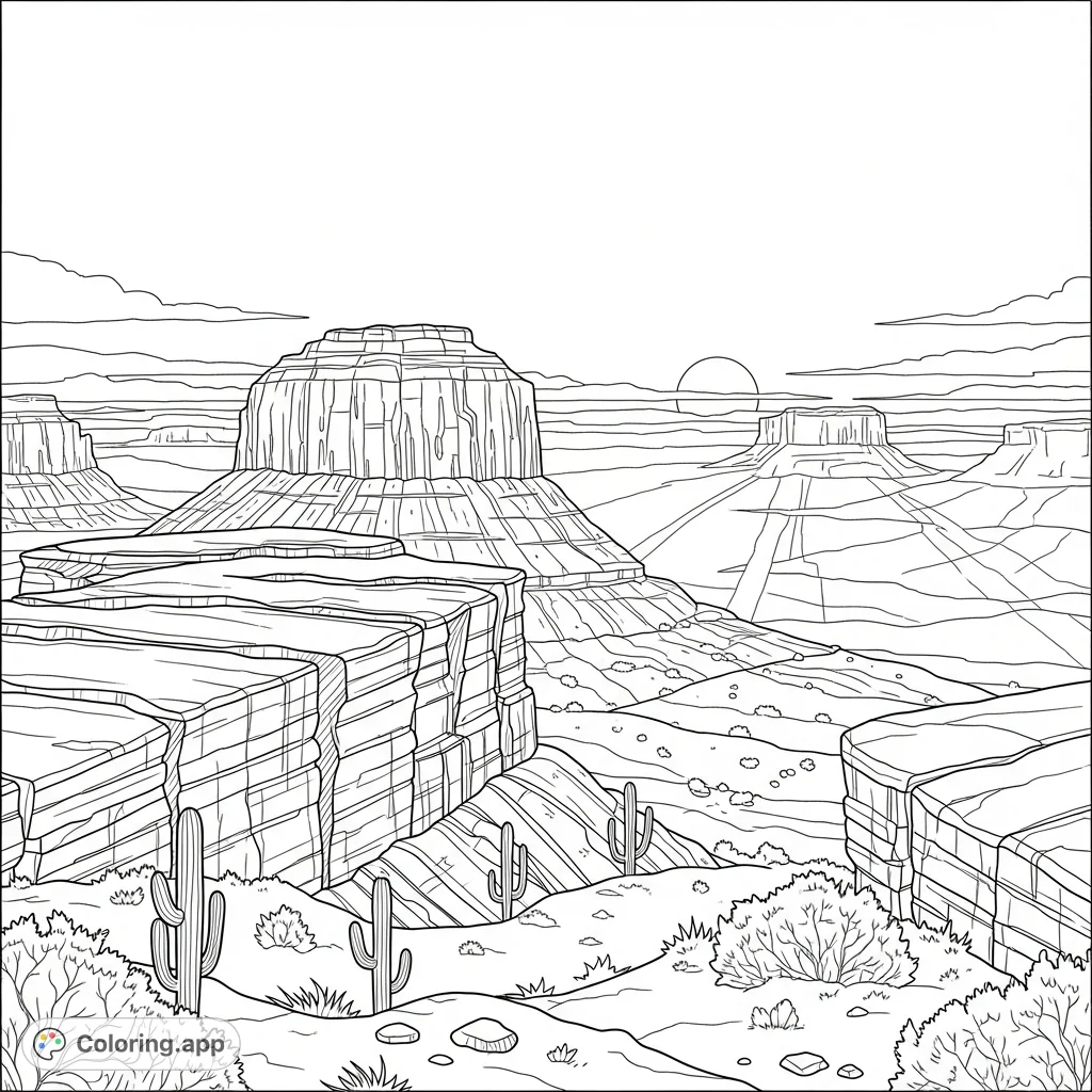 Capture the grandeur of a western plateau at day's end. Explore rugged rock formations, sparse flora, and a vast sky over distant mesas in this scenic landscape.