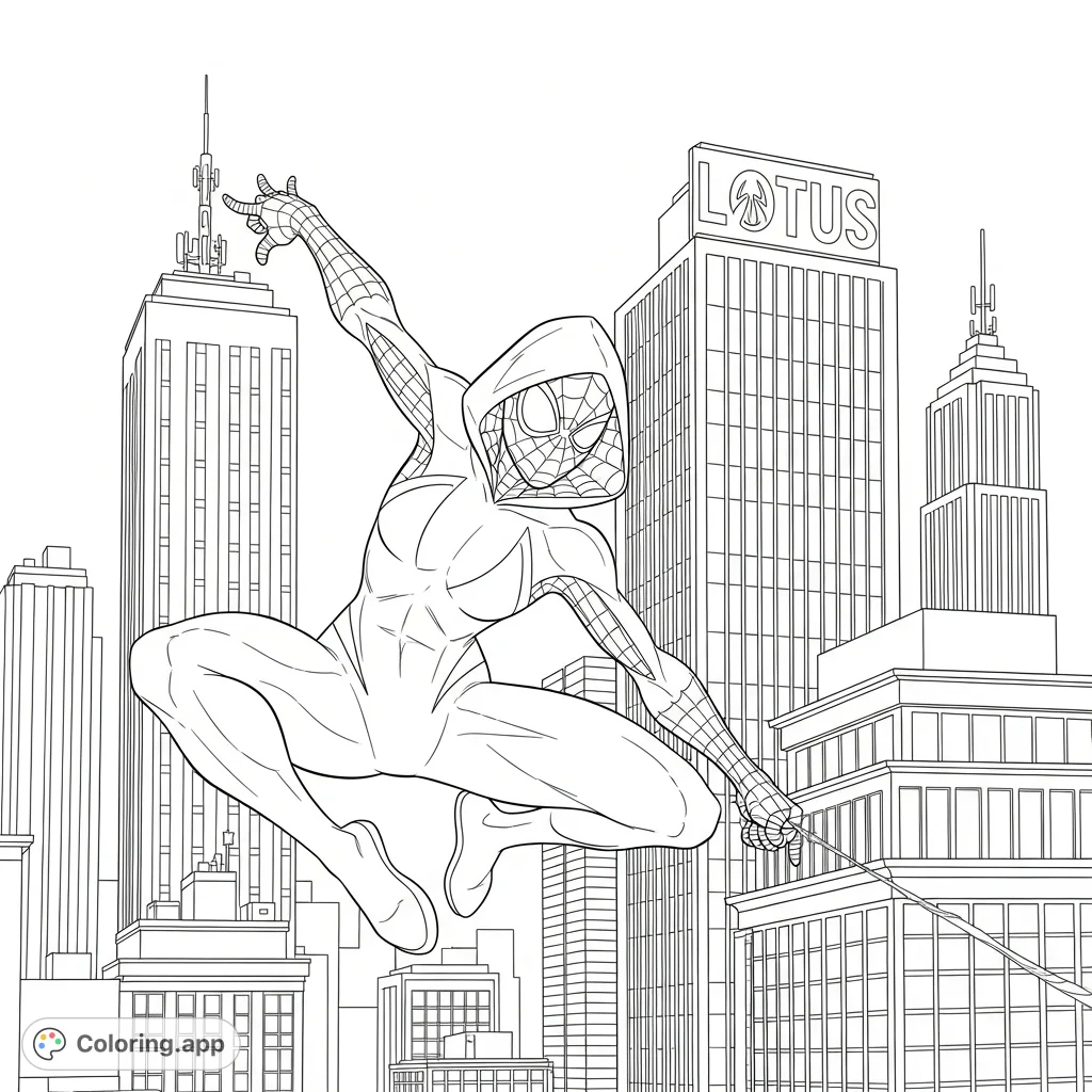 Dive into action with Ghost-spider as she swings through a detailed cityscape featuring prominent "LOTUS" signage. A dynamic superhero coloring page for all ages.