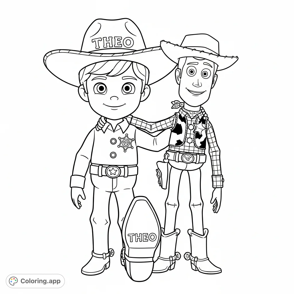 A delightful free printable Theo and Woody coloring page featuring young Sheriff Theo holding his favorite Toy Story pal, Woody, with Theo's name on his hat and Woody's boot.