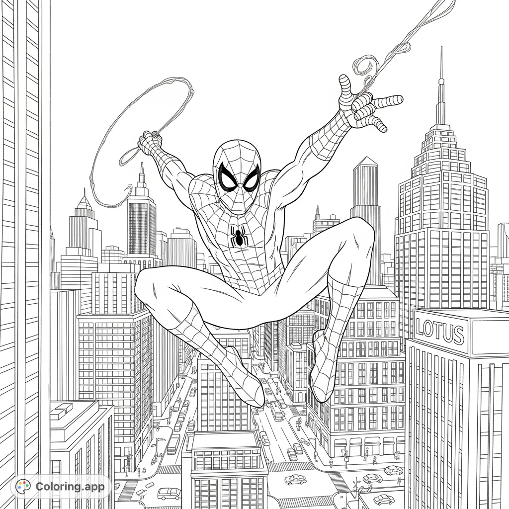 Witness Spider-Man mid-air, leaping between towering city structures, shooting webs. A dynamic scene with detailed architecture and a prominent 'LOTUS' sign.