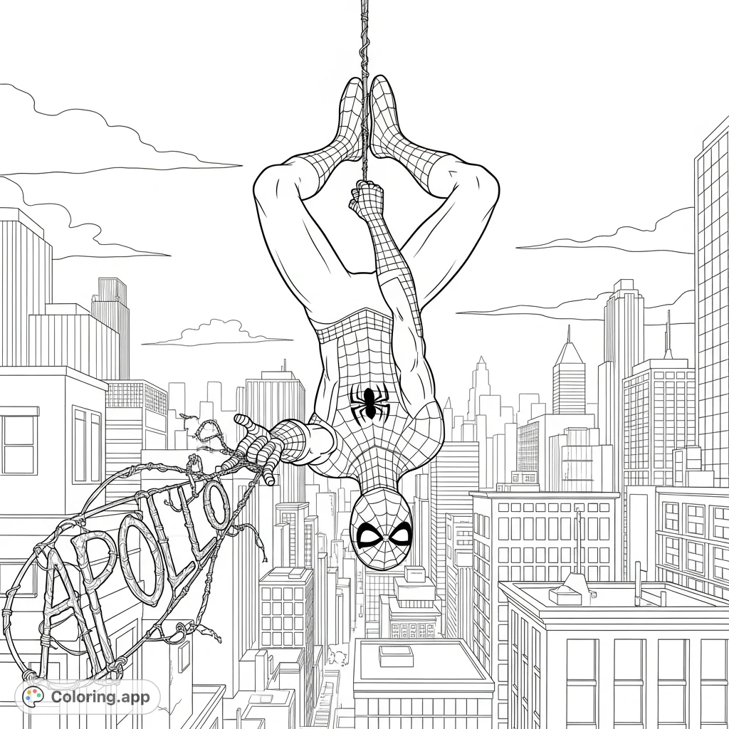 Dangling Spider-Man coloring page! Features him mid-swing, shooting a web spelling 'APOLLO' against a dynamic cityscape.