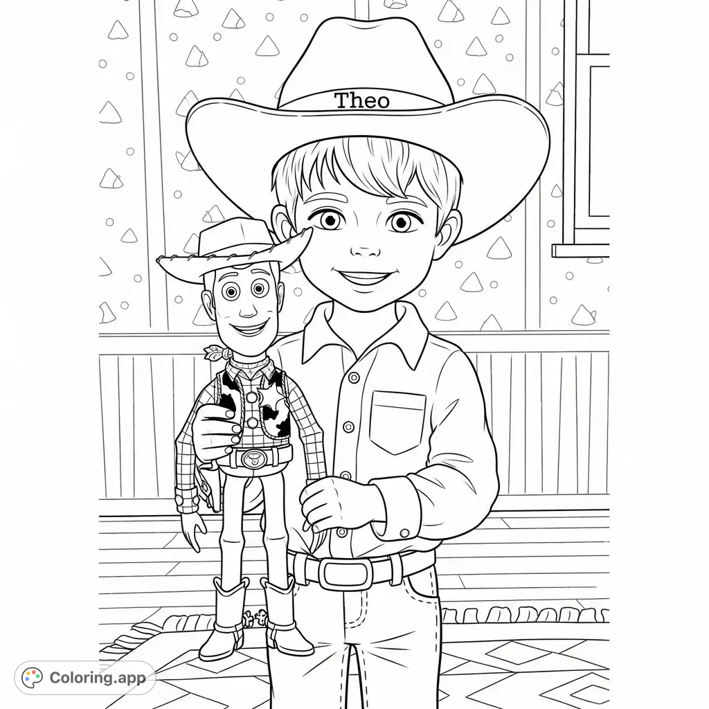 A charming cowboy coloring page featuring a young boy named Theo holding his favorite Toy Story character, Woody. Perfect for young fans!