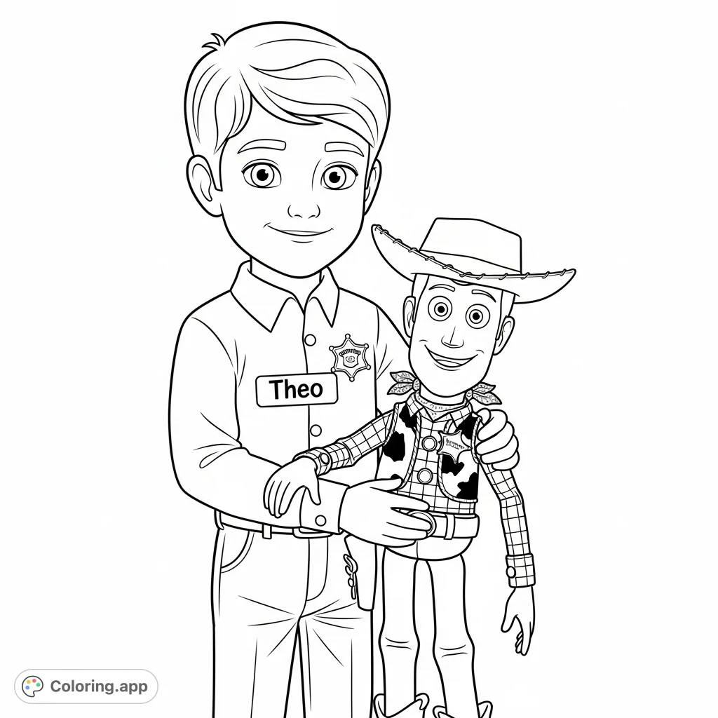 A charming Theo and Woody coloring page features a young boy, Theo, proudly wearing a sheriff's badge, holding his beloved Woody from Toy Story.