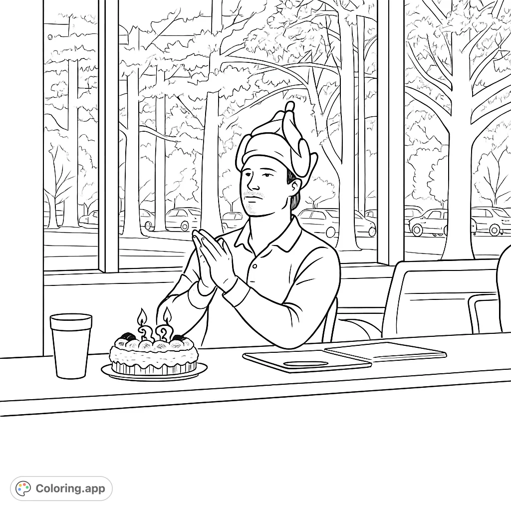 Celebrate a special birthday! This festive coloring page features a man wearing a humorous turkey hat, a cake with '90' candles, and an office scene.