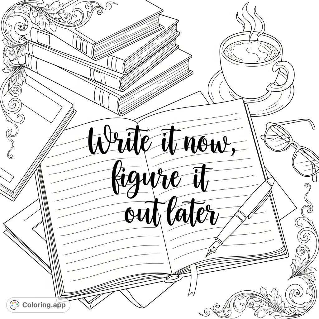 An inspiring 'write it now, figure it out later' coloring page featuring a decorative quote on a notebook surrounded by writer's tools and elegant patterns.