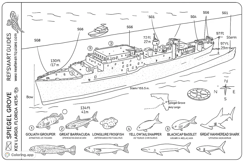 Explore a sunken vessel and its diverse marine inhabitants in this detailed shipwreck coloring page. Perfect for ocean enthusiasts.