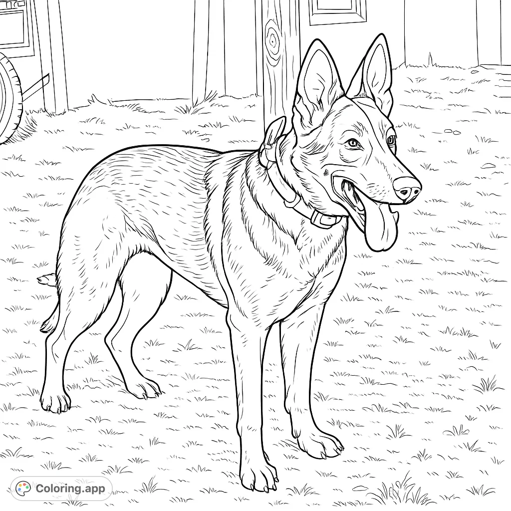 A happy dog with alert ears and an open-mouthed expression stands in a grassy outdoor scene. Perfect for animal lovers and dog enthusiasts to color!