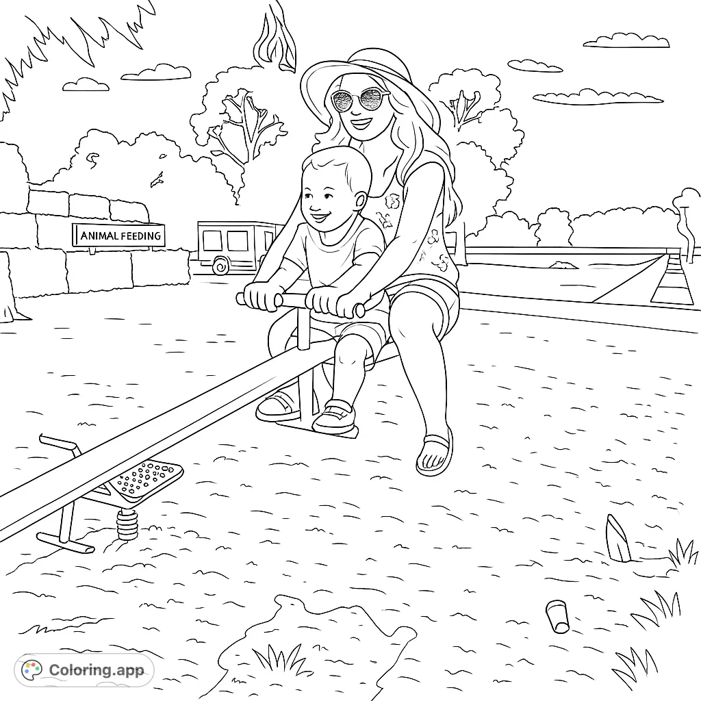 Enjoy a delightful seesaw fun coloring page featuring a mother and child in a playful outdoor setting. Perfect for family and childhood memories!