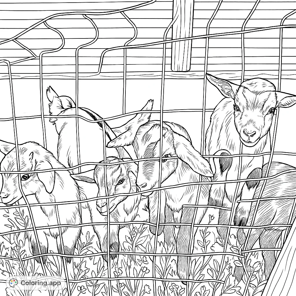 A charming coloring page featuring several inquisitive baby goats peeking through a wire fence, set against a farm backdrop, ready for your creative touch.