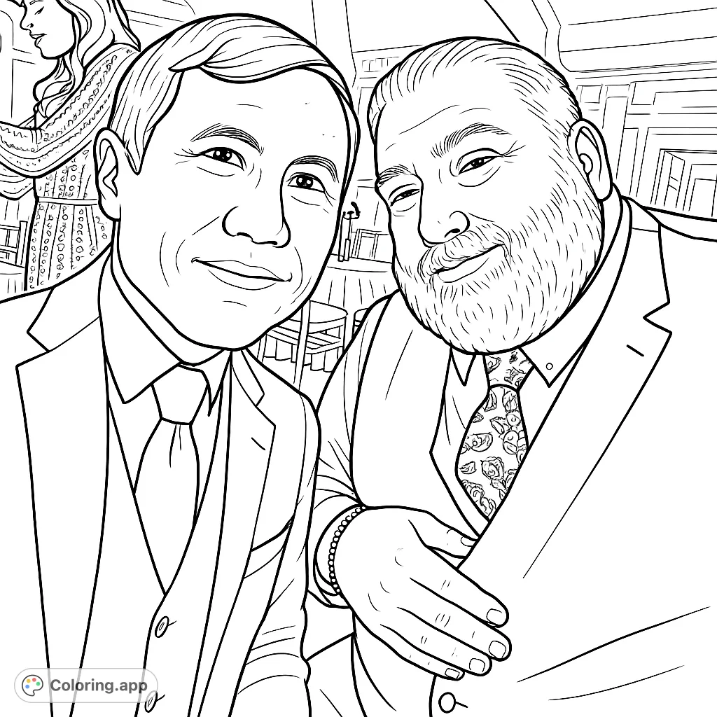 Capture a festive moment with two smiling gentlemen in formal wear at an elegant event. Perfect for those who enjoy coloring portraits and detailed clothing.