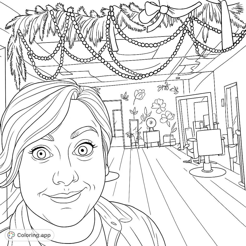 Capture the quirky expression of a woman in a lively salon setting, adorned with elegant garland and festive bows, perfect for creative coloring.