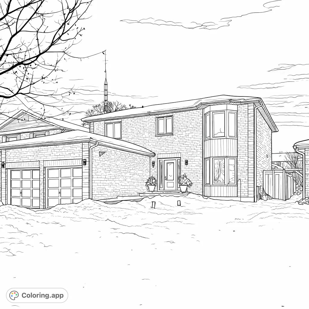 Color a detailed brick house nestled in a serene, snow-covered landscape under an expansive sky. Features a two-car garage and prominent bay windows.