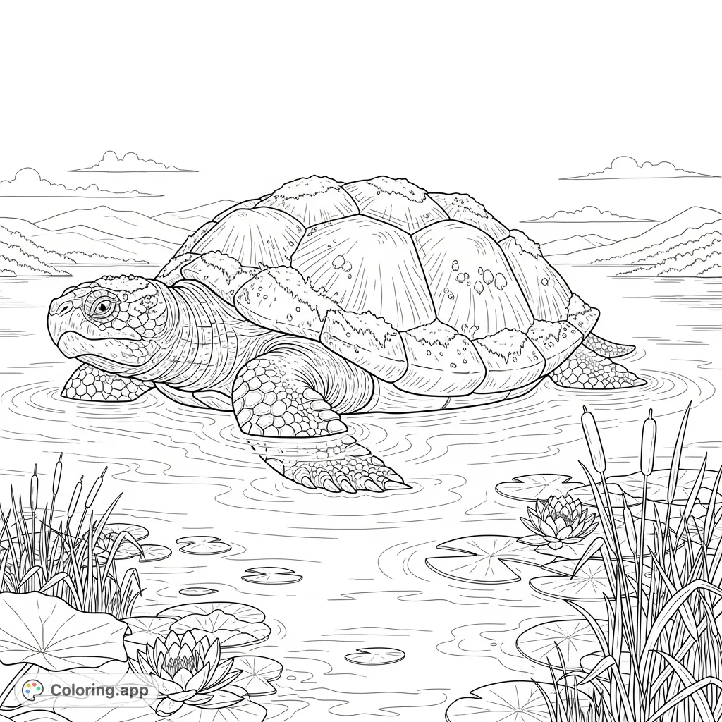 Discover a majestic Dragon Turtle coloring page. Its colossal, moss-covered shell rises from a tranquil lake amidst water lilies and distant misty hills.