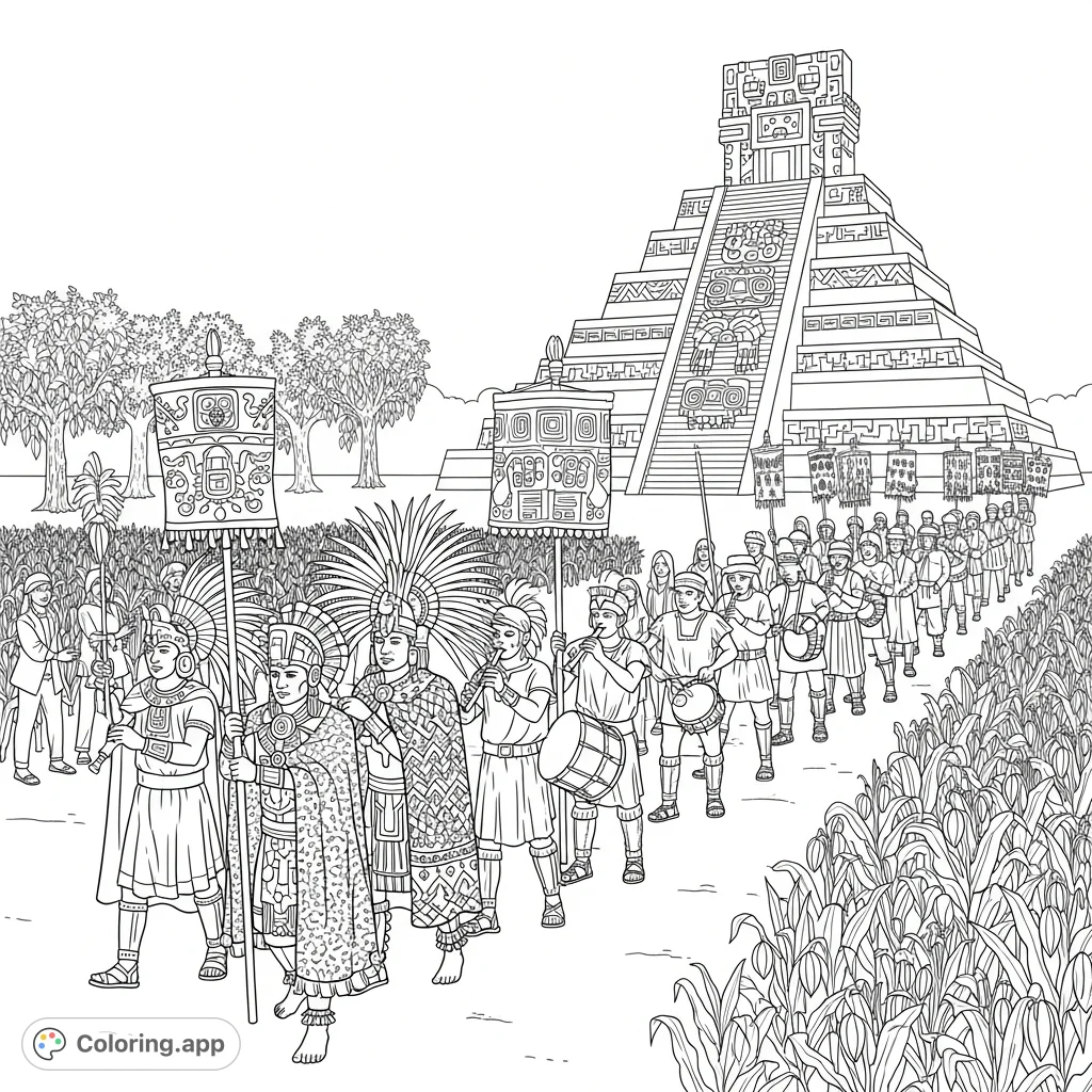 A detailed Aztec parade scene unfolds in a grand plaza, featuring warriors, musicians, and spectators against a towering step pyramid, perfect for historical exploration.
