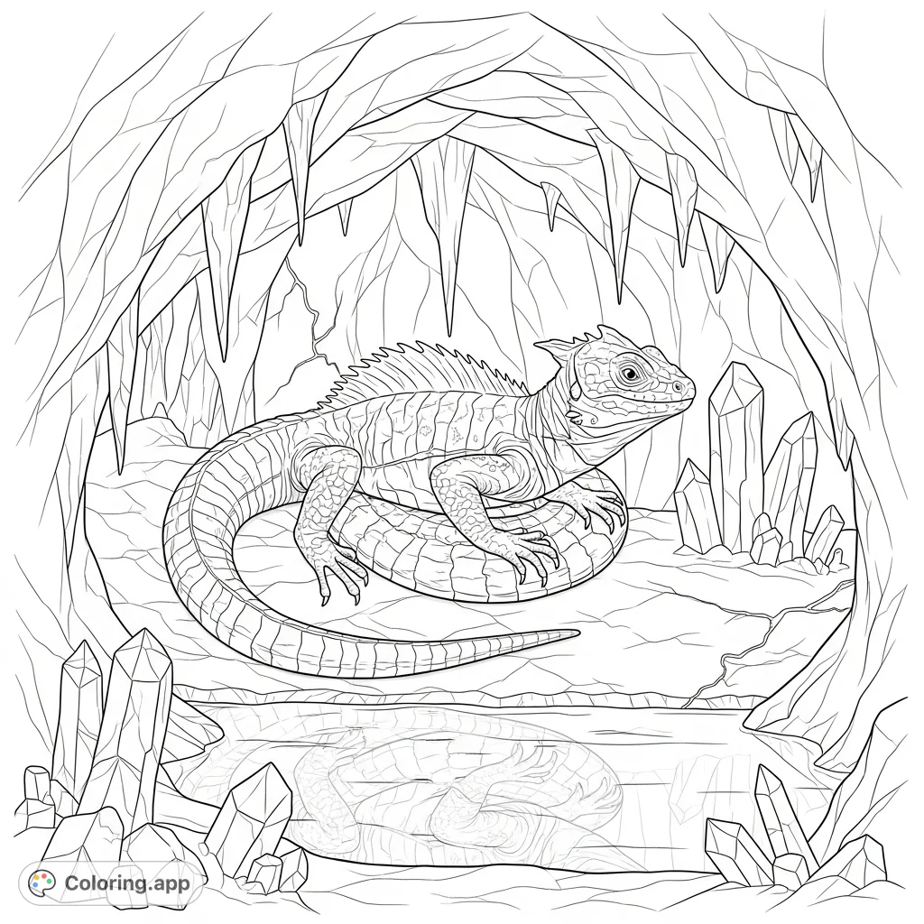 Explore a hidden crystal cavern where a powerful basilisk coils amidst gleaming stalagmites and stalactites, reflected in a still subterranean pool. An epic fantasy adventure awaits!