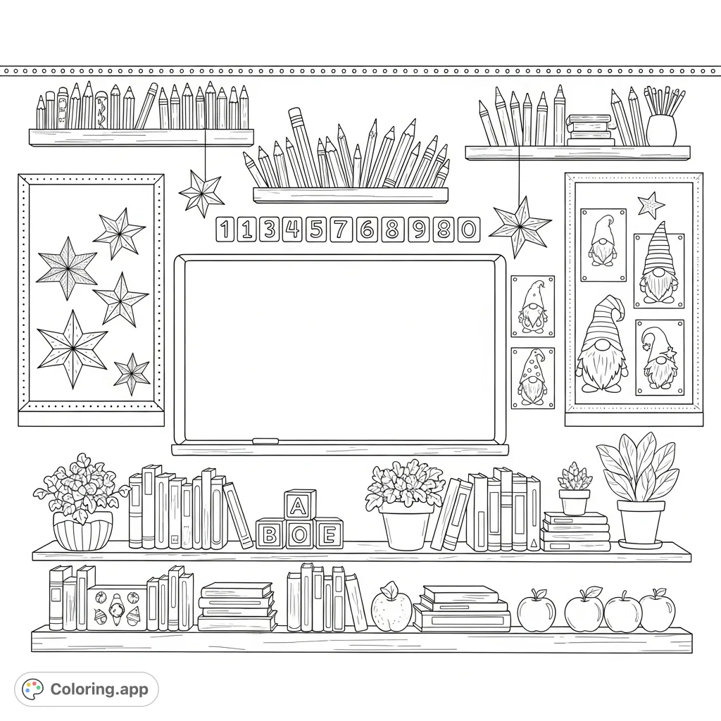 Explore a whimsical classroom wall with a chalkboard, shelves, and bulletin boards. Filled with books, plants, and school supplies for a delightful coloring experience.