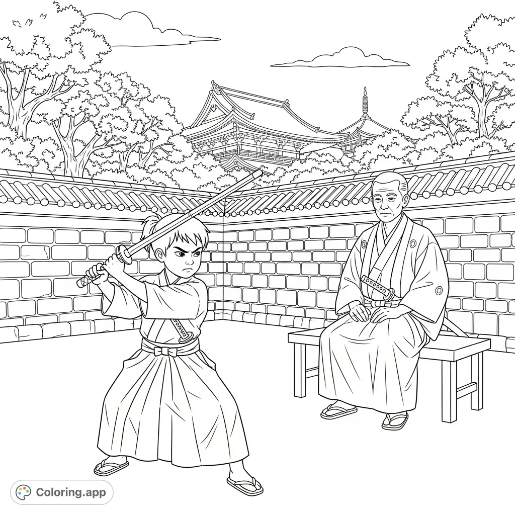 A diligent child samurai practices with a bamboo sword in a serene courtyard, overseen by a mentor, with a grand Buddhist temple backdrop. Inspiring and detailed.