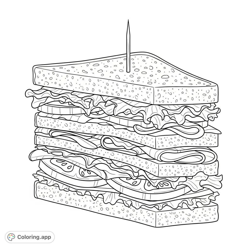 A detailed club sandwich coloring page, perfectly layered with roasted turkey, crisp lettuce, and tomato, held by a toothpick. A free printable food coloring page.