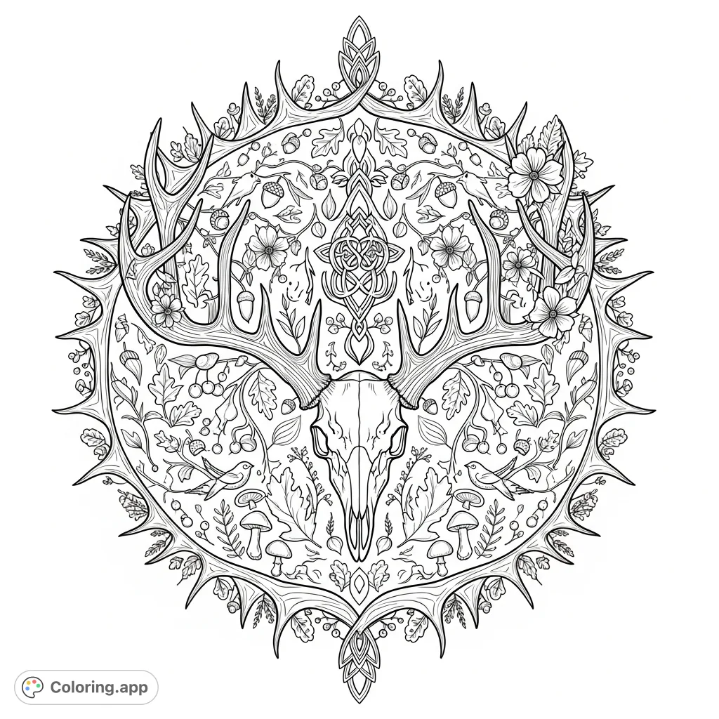 An intricate deer antler mandala with a central deer skull, surrounded by detailed branching antlers, woodland motifs, and Celtic knotwork. A challenging coloring page for nature lovers.