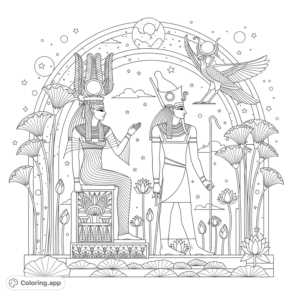 A majestic depiction of the Egyptian deities Isis, Osiris, and Horus in a stylized setting of papyrus, lotus, and celestial patterns, awaiting your creative touch.