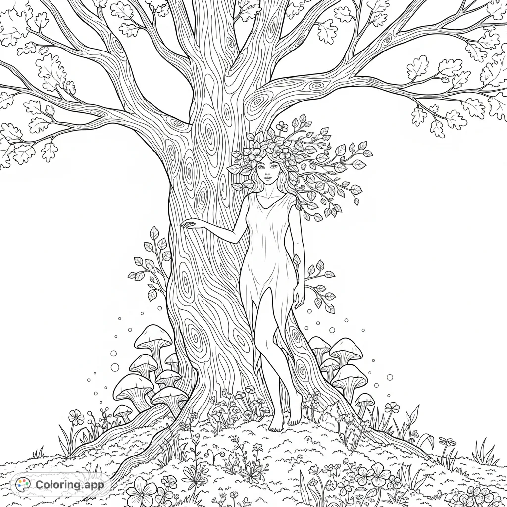 Immerse yourself in a mystical dryad coloring page. Features a graceful dryad merging with an ancient oak, surrounded by glowing fungi and intricate forest details.