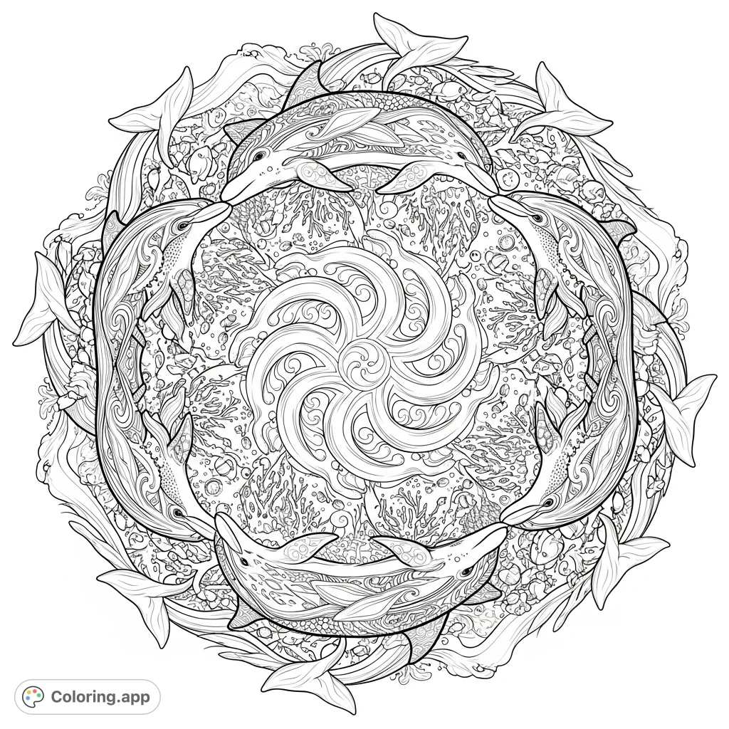 An intricate dolphin mandala featuring multiple dolphins in circular motion, adorned with detailed patterns, marine elements, and a wave-themed border. A serene ocean journey.