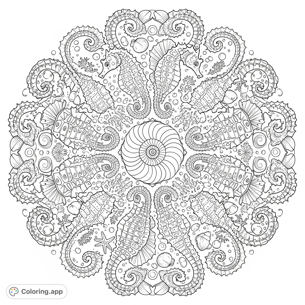 Discover an elaborate seahorse mandala coloring page. Features multiple seahorses with intricate patterns and ocean elements in a stunning radial design.