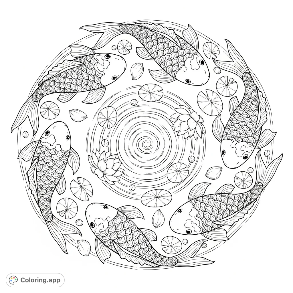 Immerse yourself in this elegant koi fish mandala featuring intricate scales, swirling fins, and aquatic patterns. A calming and detailed coloring experience.