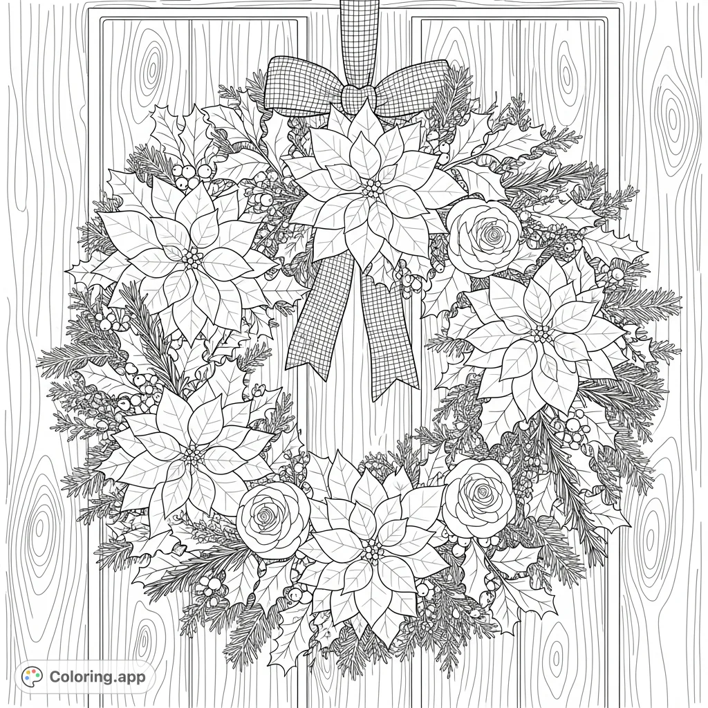 A beautifully detailed holiday wreath, featuring poinsettias, holly, and winter roses, gracefully adorns a rustic wooden door. Perfect for festive coloring!