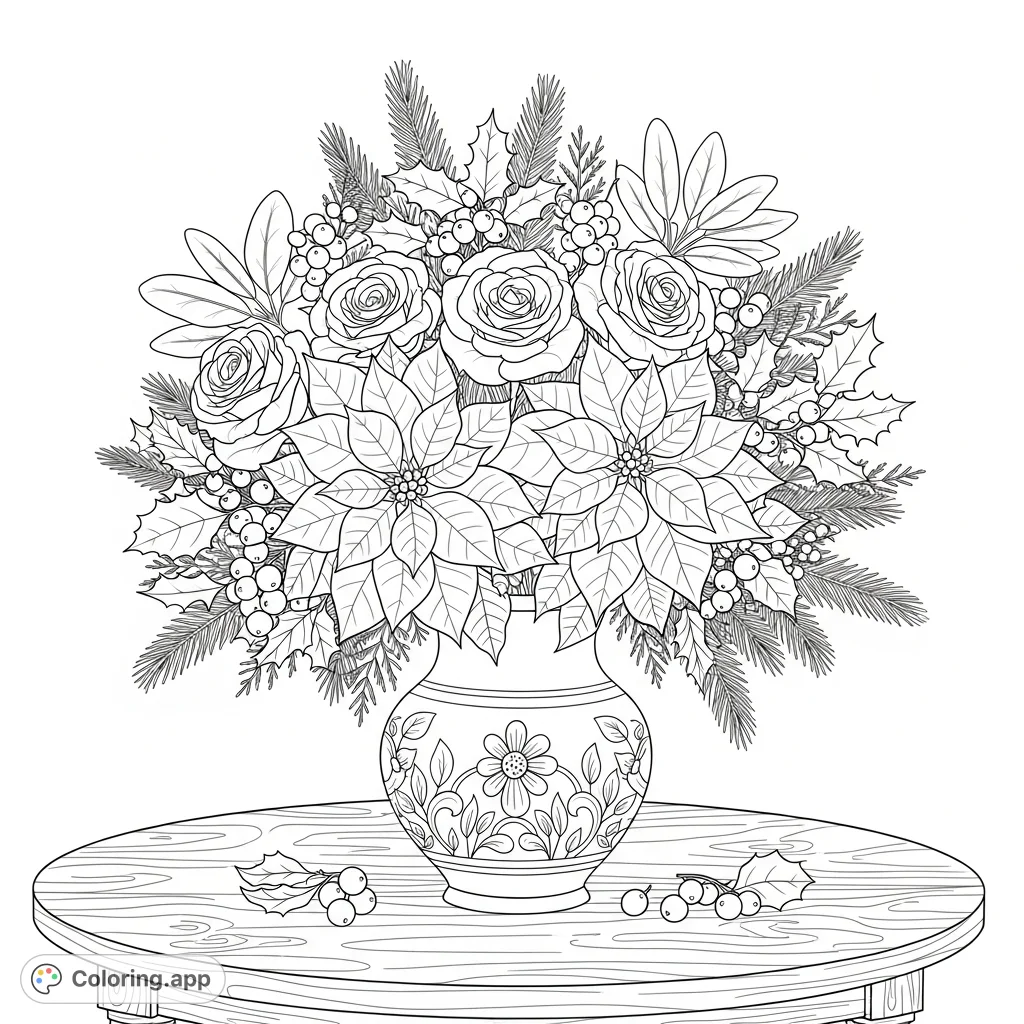 A detailed winter bouquet coloring page featuring poinsettias, snow-kissed roses, holly, pine, and cedar in a decorative vase on a wooden table, perfect for festive creativity.