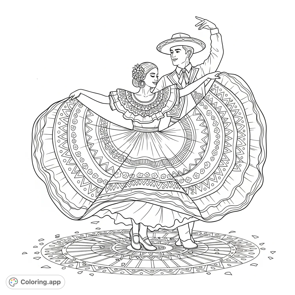 Witness a vibrant Folklórico dancing couple in mid-twirl. The woman's dress features intricate ruffles and patterns, complemented by a dynamic pose.