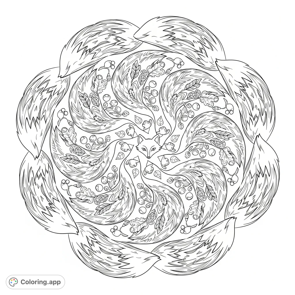 Discover a mesmerizing fox tail mandala coloring page with intricate fur patterns, stylized fox face, and woodland elements like acorns and swirling vines.