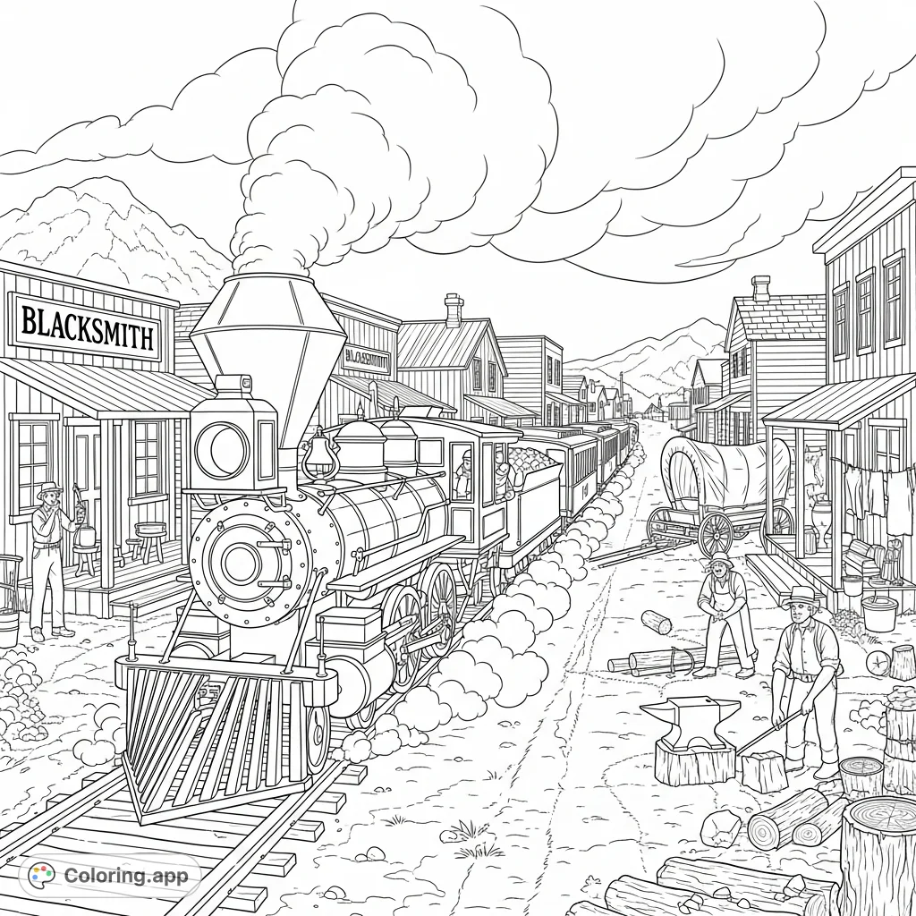 A steam engine chugs into a bustling frontier town, with wooden buildings, covered wagons, and residents engaged in daily chores. An exciting historical scene.