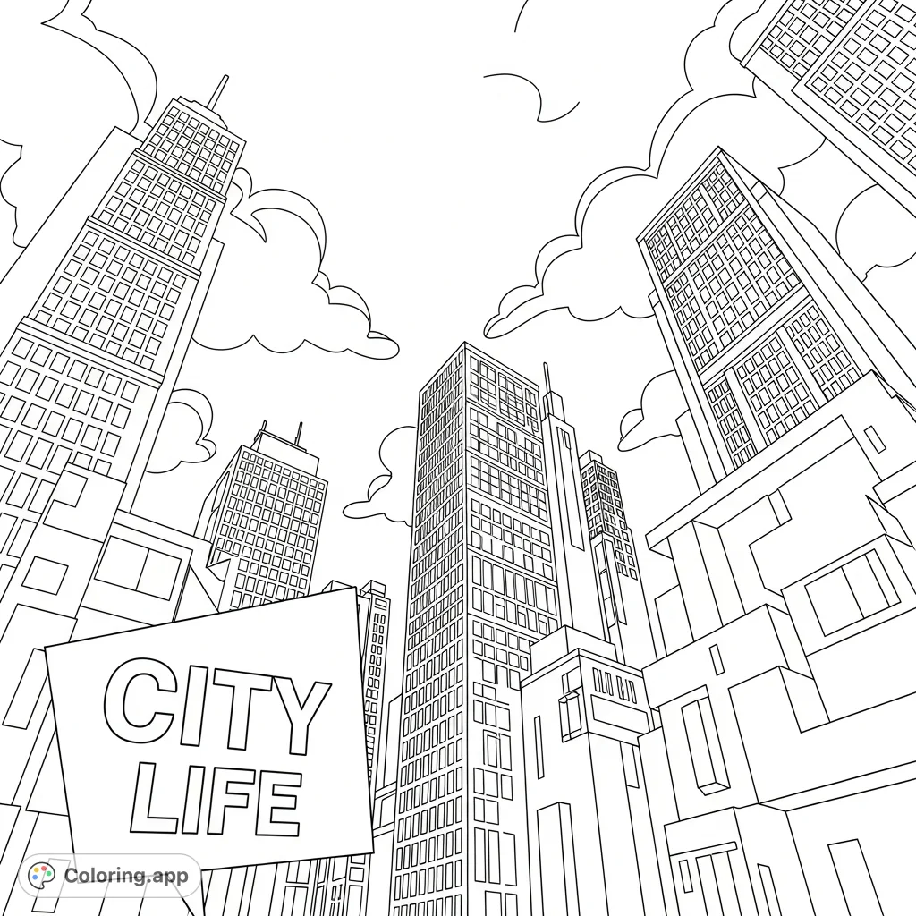 Explore a dynamic, futuristic cityscape featuring towering blocky buildings with intricate window patterns and graphic clouds, anchored by a bold "CITY LIFE" speech bubble.