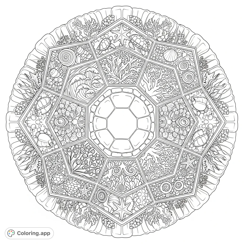 An intricate geometric turtle shell mandala coloring page featuring hexagonal patterns, ocean motifs, and sea creatures for a relaxing, detailed coloring experience.