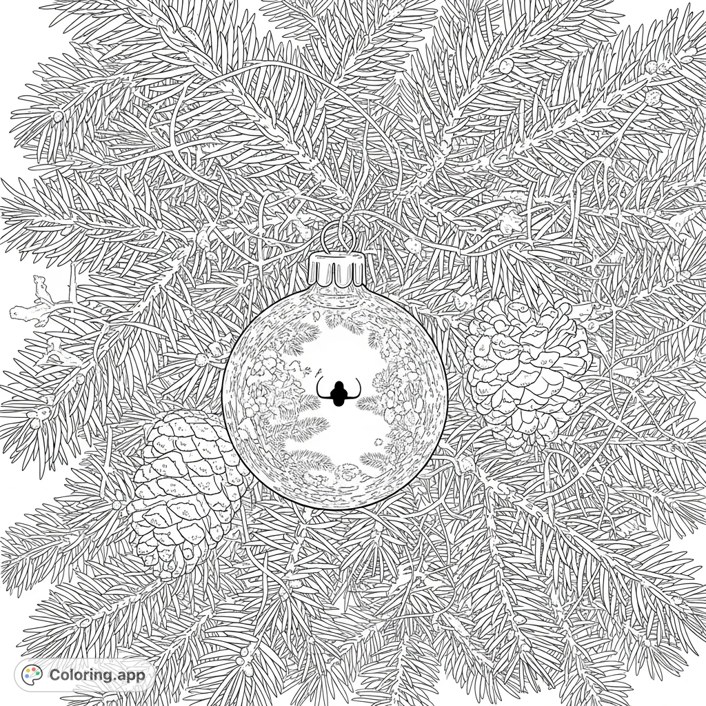 A detailed Christmas tree branch adorned with a reflective glass sphere, a frosted pinecone, and delicate tinsel, ready for festive coloring fun.