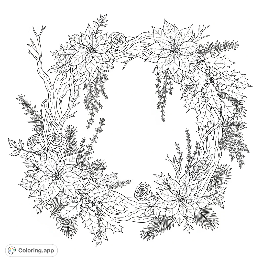 A detailed winter botanicals coloring page featuring a gnarled branch framing poinsettias, thorny roses, holly berries, pine, cedar, rosemary, and thyme.