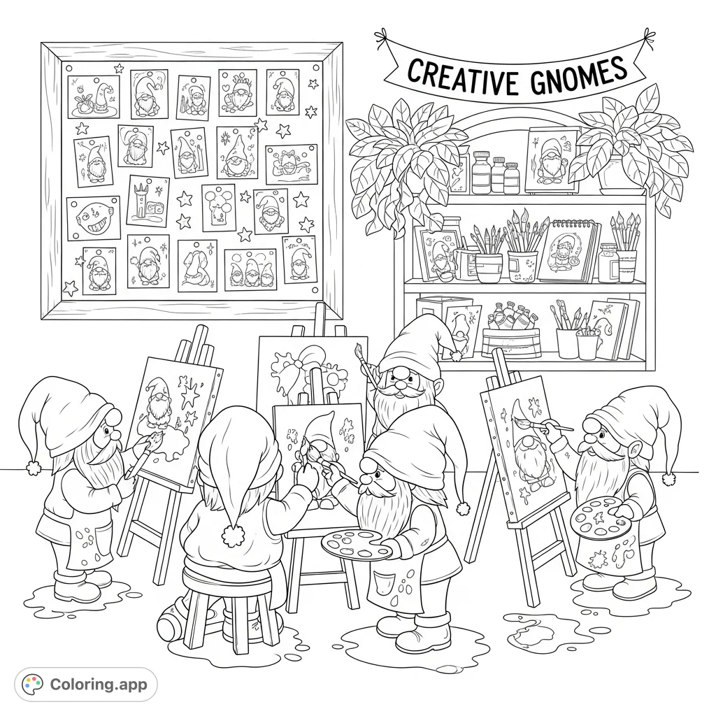 A whimsical gnome art studio scene with gnomes focused on painting at easels, surrounded by art supplies and their adorable creations. Perfect for creative fun!