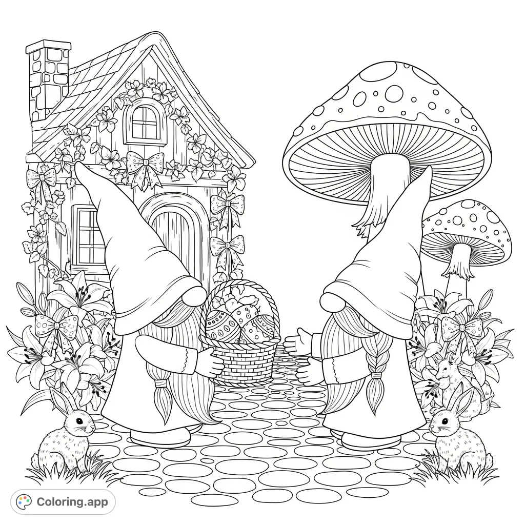 A delightful gnome Easter coloring page featuring two gnomes exchanging an egg-filled basket, set against a charming cottage with bunnies, flowers, and a whimsical mushroom.