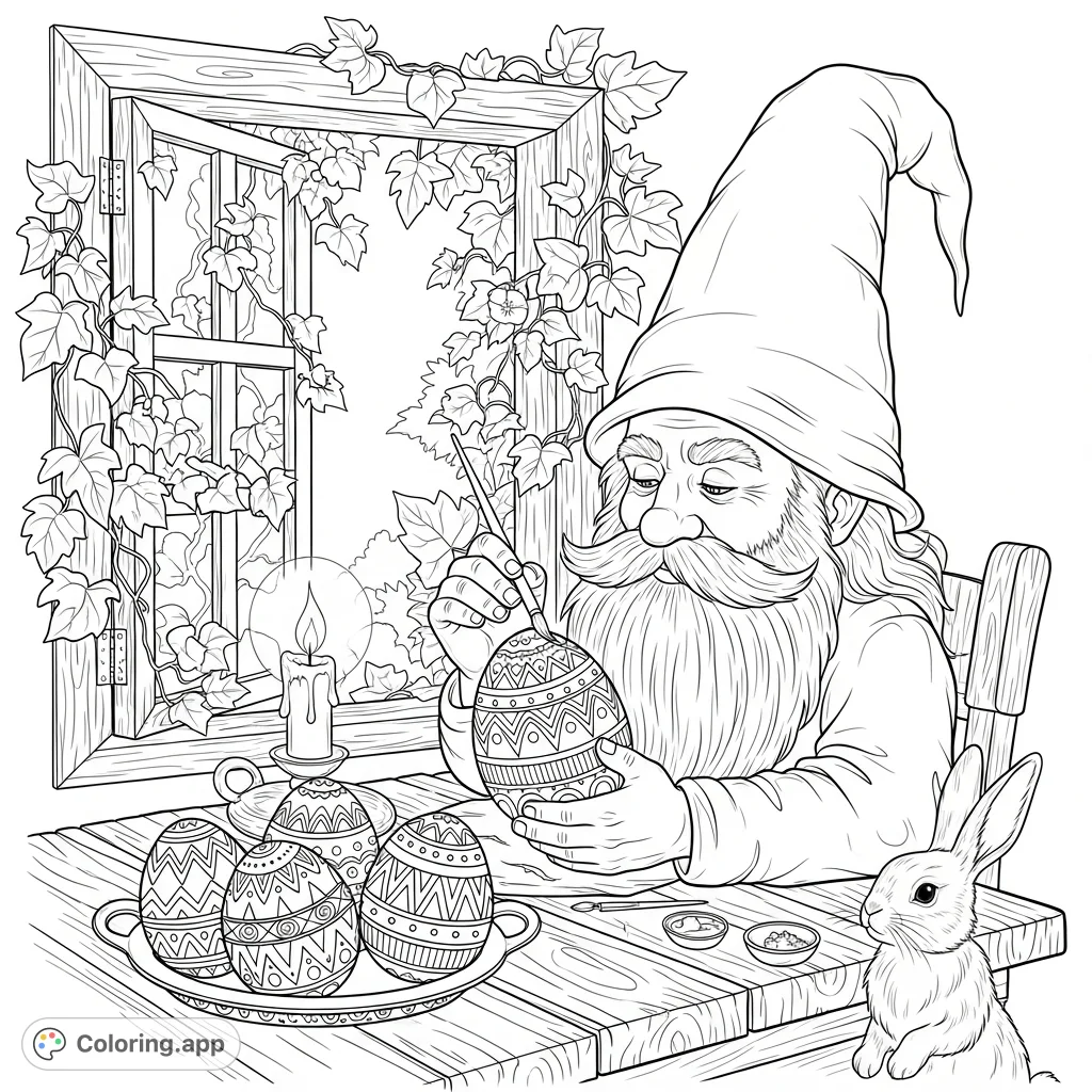 An enchanting gnome meticulously decorates intricate Easter eggs at a rustic table, observed by a quiet bunny, surrounded by spring blossoms.