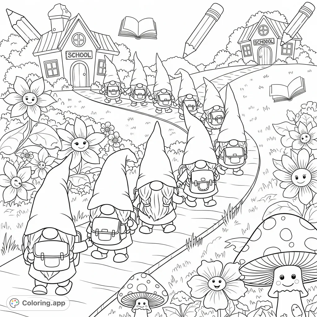 Join a cheerful line of gnomes on their journey home along a whimsical path. Discover oversized flowers, smiling toadstools, and a welcoming schoolhouse.