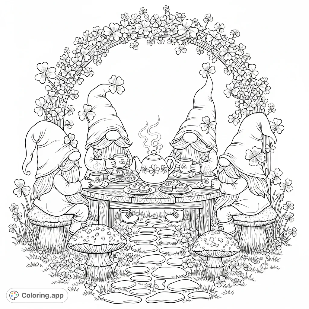 A delightful gnomes coloring page depicting gnomes with tall hats and flowing beards, enjoying tea and Irish treats under a shamrock archway.