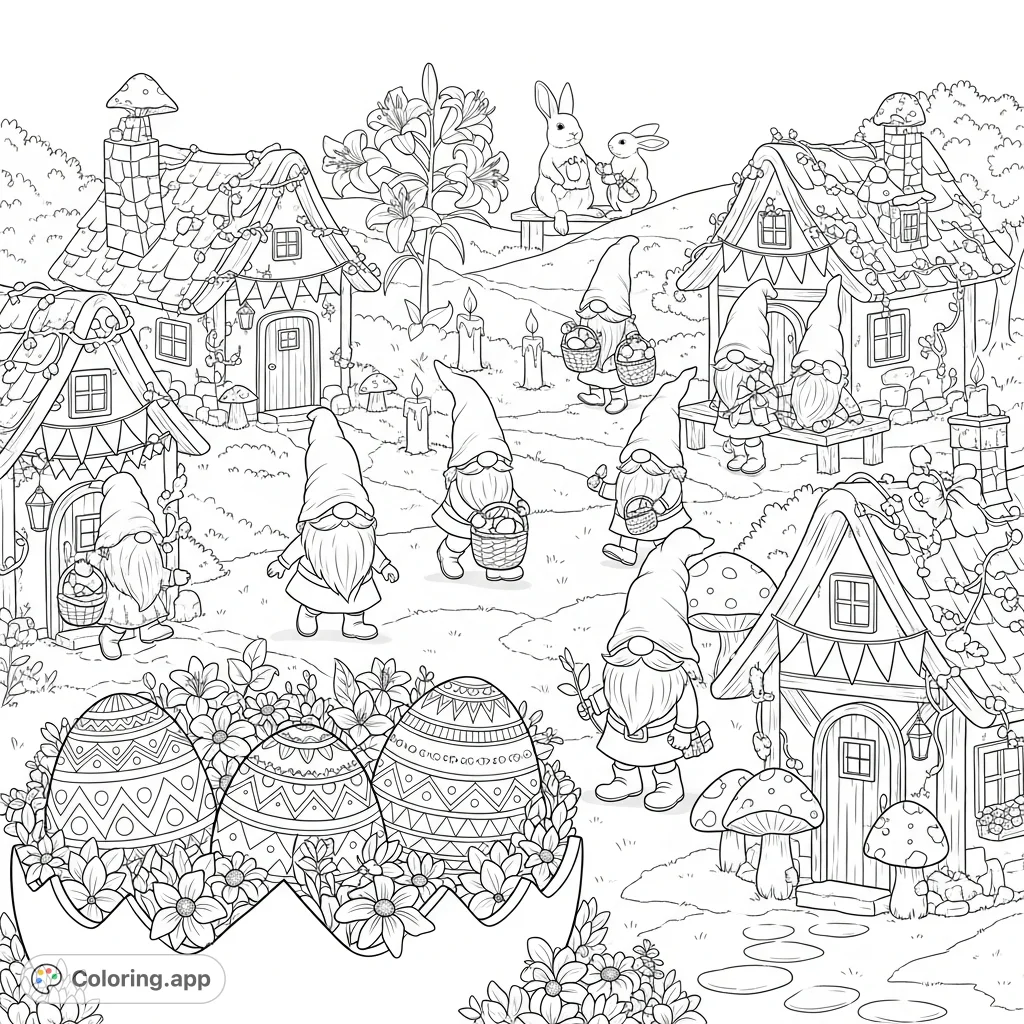 Explore a charming gnome village celebrating Easter with festive cottages, an egg garden, playful bunnies, and gnomes exchanging baskets. A delightful scene for all ages.